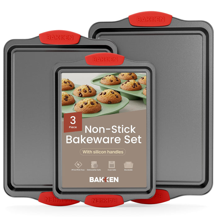 Baking Pan Set – 3 Piece Cookie Sheet – Deluxe Black Non-Stick Carbon Steel – Silicone Handles – Commercial Grade Restaurant Quality – PFOA PFOS and PTFE Free by Bakken