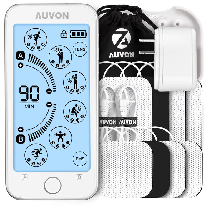 AUVON Touchscreen TENS Unit Muscle Stimulator for Pain Relief, 24 Modes Dual-Channel Rechargeable TENS Machine with 2 x Battery Life, Continuous Mode, Cable Tie, Pad Holder and 8 TENS Pads (White)