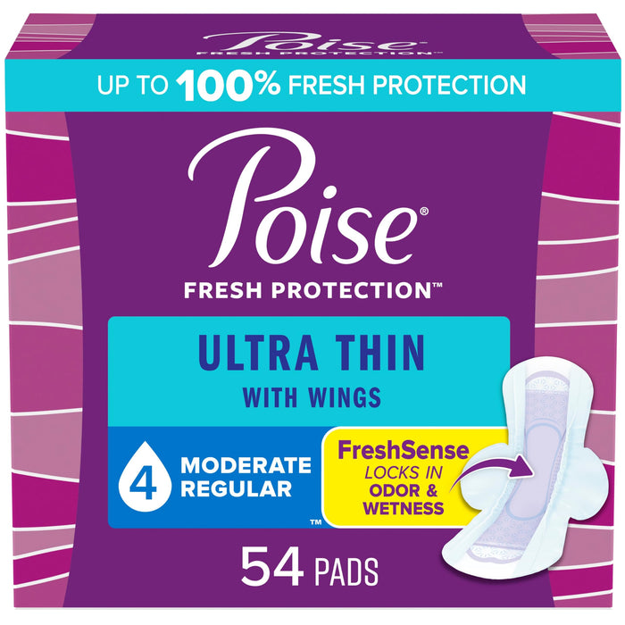 Poise Ultra Thin Incontinence Pads with Wings & Postpartum Incontinence Pads, 4 Drop Moderate Absorbency, Regular Length, 54 Count, Packaging May Vary