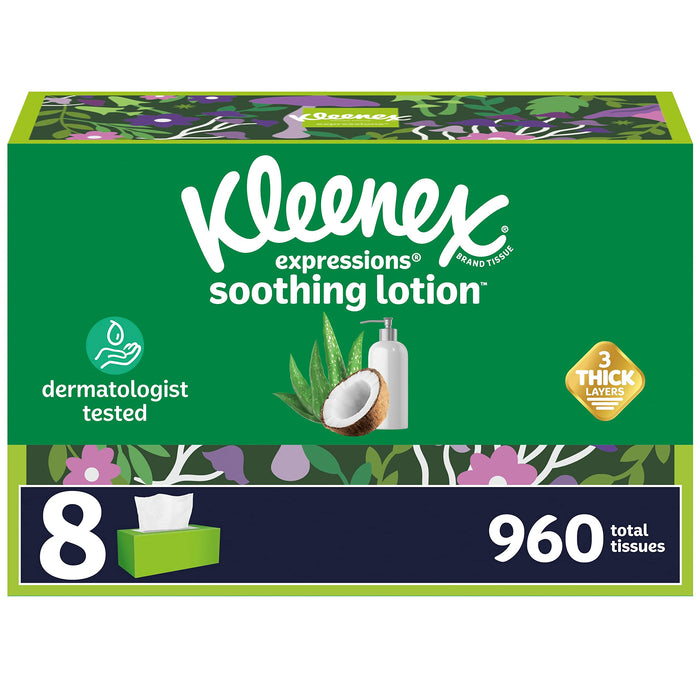 Kleenex Lotion Facial Tissues with Coconut Oil, 4 Flat Boxes, 180 Tissues Per Box, 3-Ply