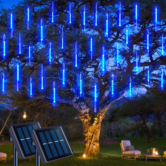 JMEXSUSS 2 Pack Solar Meteor Shower Lights Outdoor Christmas Lights, Blue Meteor Falling Rain Lights Cascading String Lights Waterproof for Tree Garden Party Christmas Decor, Total 16 Tubes 288 LED