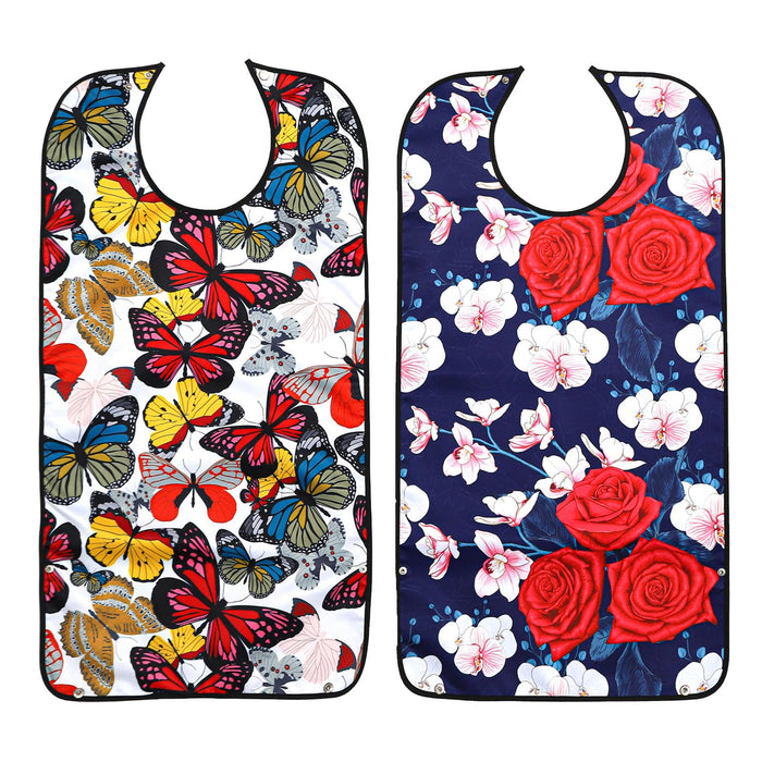 Pafusen 2 Pack Adult Bibs for Elderly Women, Reusable Large Adult Bibs for Eating with Snaps (Butterfly Rose Flower)