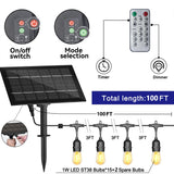 Stright Solar Powered String Light 100FT with Remote Control 8 Light Modes, Weatherproof Shatterproof S14 LED Bulb 30 Sockets for Backyard Porch Cafe Halloween Christmas Decorations