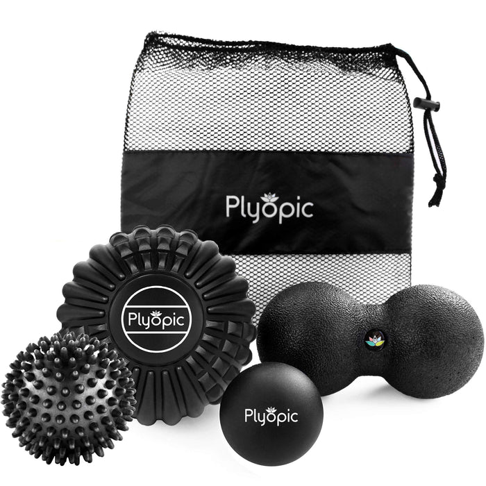 Plyopic Deep Tissue Massage Ball Set – Set of 4: Lacrosse, Spiky, Peanut and 5” Foam Roller Massager Balls | for Muscle Massage, Mobility, Trigger Points and Myofascial Release