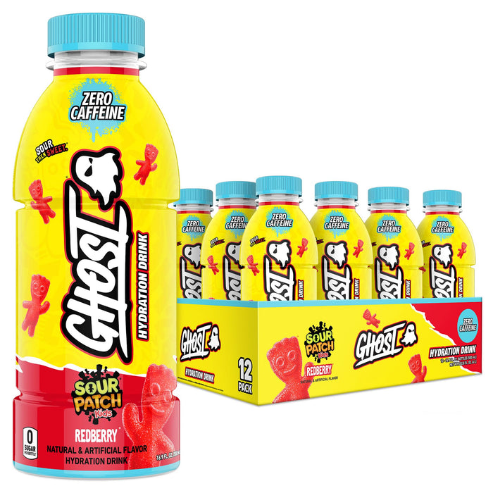 GHOST Hydration Drink, Sour Patch Kids Redberry - RTD Sports Drinks with Electrolytes for Hydration - Beverage for Athletes - Zero Caffeine & Zero Sugars - 16.9 Fl Oz, 12 Pack