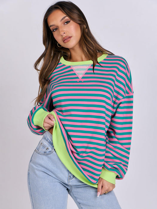 ANRABESS Women Striped Sweatshirt Long Sleeve Shirts Crewneck Oversized Casual Pullover Top 2024 Fall Fashion Outfits Clothes Pink Green Medium