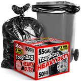 ToughBag 55 Gallon Trash Bags, 3 Mil Contractor Bags, Large 55-60 Gallon Trash Can Liners, Black Contractor Garbage Bags, 38 x 58" (50 Count) - Outdoor, Construction, Lawn, Industrial - Made in USA