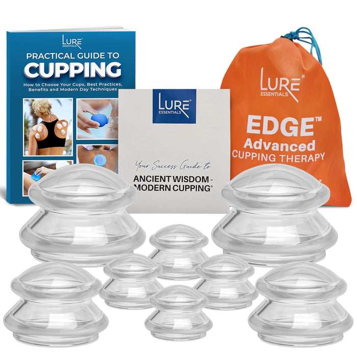LURE Essentials Edge Cupping Therapy Set - Cupping Kit for Massage Therapy - Silicone Cupping Set - Massage Cups for Cupping Therapy, (8 Cups - 2L, 2M, 4S, e-Book) (Clear)