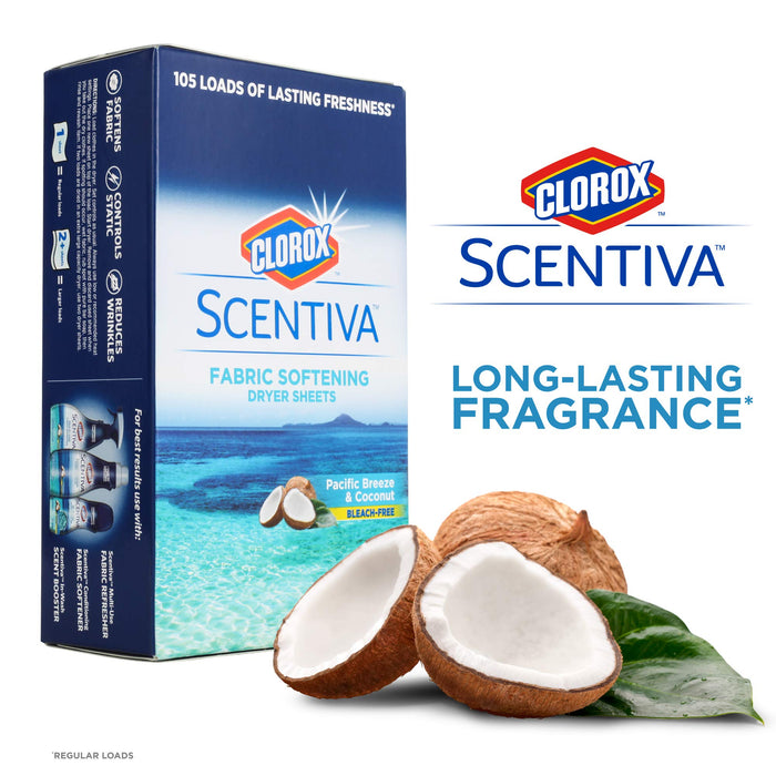 Clorox Scentiva Fabric Softening Dryer Sheets, 105 Sheets per Pack, Pacific Breeze & Coconut Scent | Bleach-Free Fabric Softener Sheets for Static Control and Reduce Wrinkles (6 Pack)