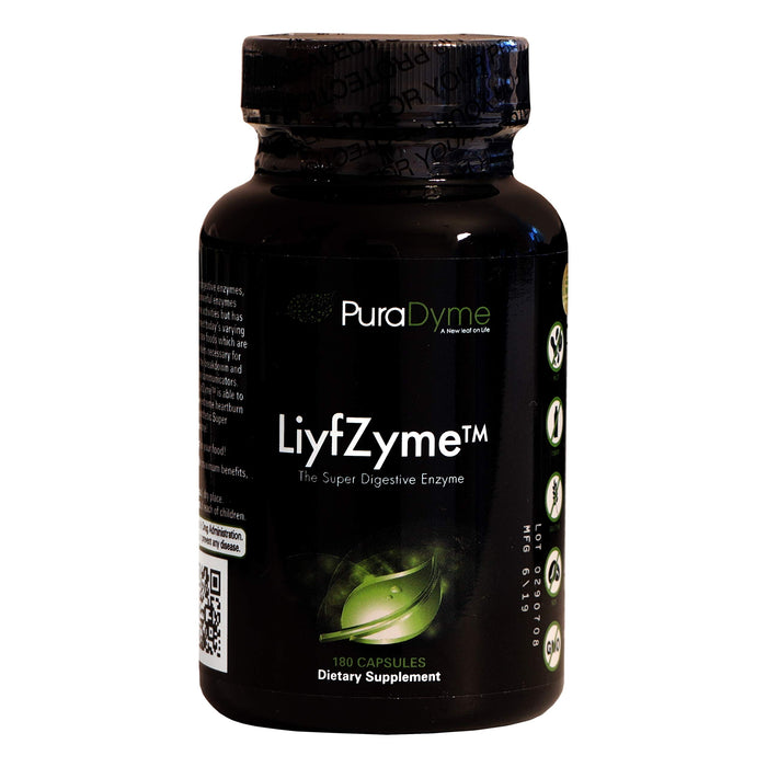 LiyfZyme Plant Based Digestive Enzyme Supplement - 180 Veggie Caps. PuraDyme By Lou Cornoa.