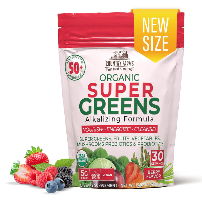 COUNTRY FARMS Super Greens Berry Flavor, 50 Organic Super Foods, USDA Organic Drink Mix (Wheat Grass, Spirulina, Chlorella) Mushrooms & Probiotics, Supports Gut Health, Natural Energy, 30 Servings