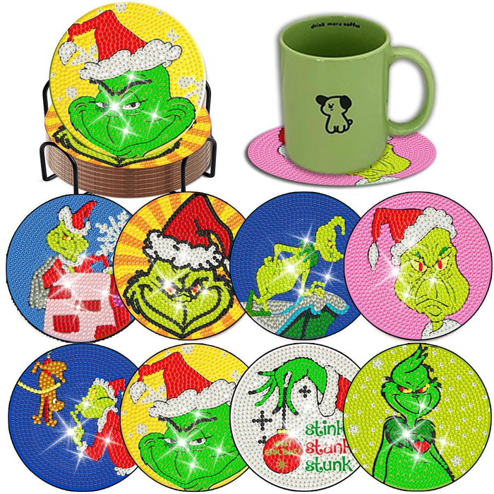 8 Pcs Diamond Art Coasters Kits with Holder DIY Christmas Diamond Art Coaster Non Slip Coaster for Adults Xmas Holiday Diamond Kits Supplies
