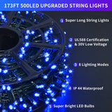 JMEXSUSS 500 LED Blue Christmas Lights Outdoor, 173ft 8 Modes Waterproof Christmas Tree Lights, Green Wire LED Fairy String Lights Plug in for Indoor Christmas Decor