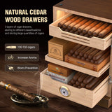 COOL KNIGHT LED Lighted Cigar Humidor Cabinet Can Hold 100-150 Cigars Cabinet Humidor with Spanish Cedar Wood Drawer, Precision Hygrometer,3 Humidifiers, Accessories Drawer,Christmas Father's Day Gift