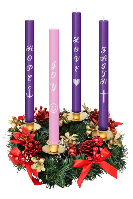 Advent Candles Set of 4 - Premium Printed Script Silver Letters & Pictures – Use with Advent Candle Holders, Advent Wreaths and Advent Rings - Dripless Taper Advent Candle for Christmas Church Décor