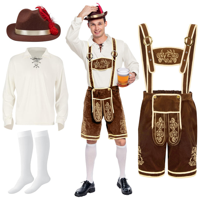 Spooktacular Creations Halloween Men Oktoberfest Costume Set, Lederhosen Men with German Bavarian Hat, Beer Costume, Adults Halloween Brown Outfit for Beer Festival Party (X-Large)