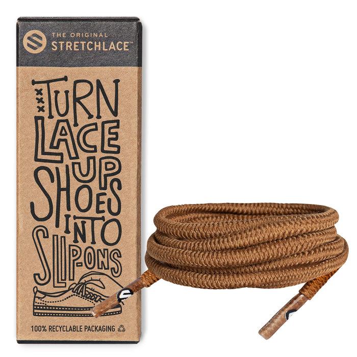 THE ORIGINAL STRETCHLACE - Round Shoelaces, No-tie Elastic Shoelaces, Stylish Shoe Laces for Elderly, Kids, and People with Special Needs, Light Brown, 40in