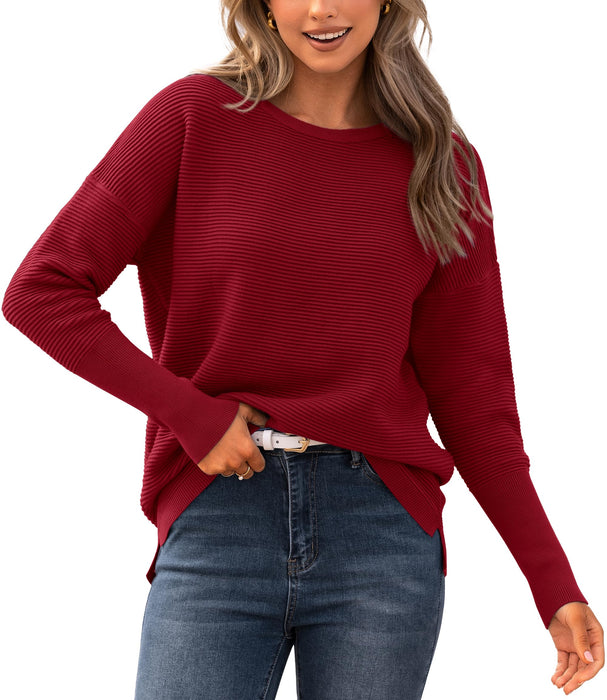 BTFBM Trendy Women Sweater Fall Long Sleeve Crew Neck Knit Sweater Y2k Sweater Christmas Sweater Pullover Tops(Solid Dark Red,Large)