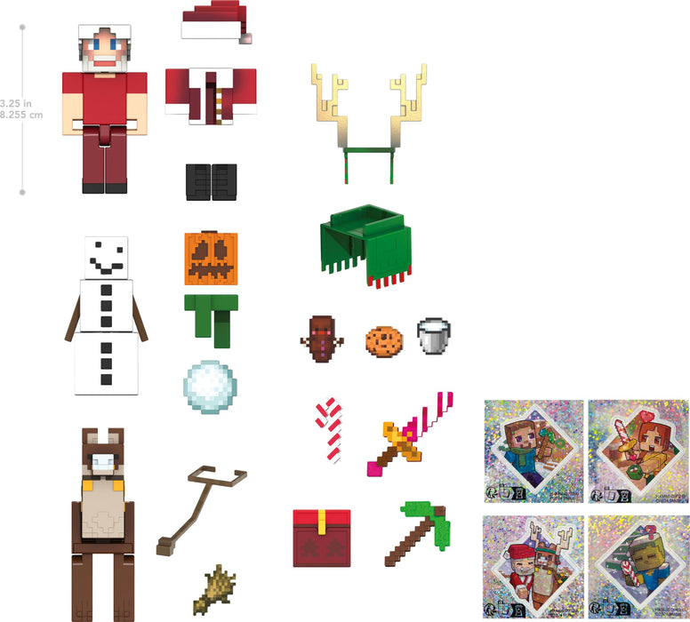 Mattel Minecraft Advent Calendar, 3.25-in Scale Action Figures including Santa, 17 Accessories & 4 Stickers, Pixelated Design