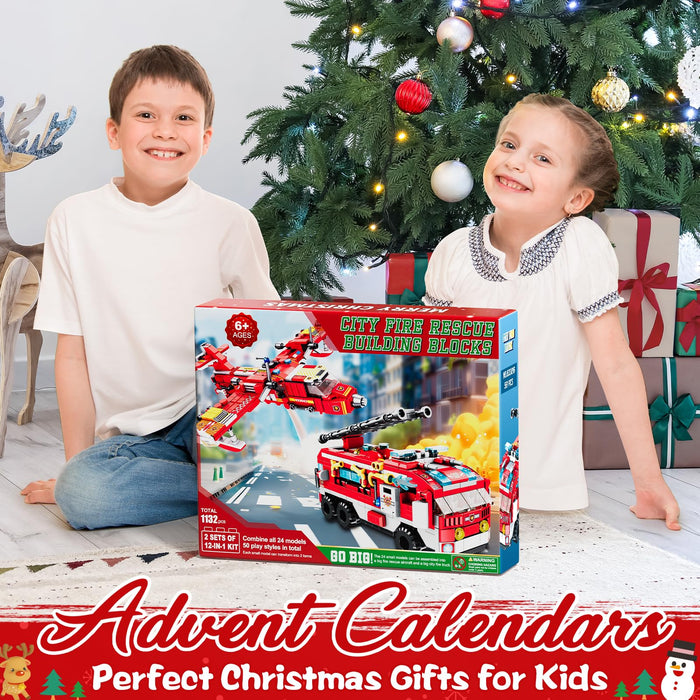 Kids Advent Calendar 2024 for Boys, 24 Days Christmas STEM Fire Rescue Building Blocks Countdown Calendar Gifts Box with 12-in-1 Construction Plane Truck Bricks Toys Set for Kids Teen Girl Boy Age 6+