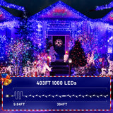 KNONEW 403ft 1000 LED String Lights Outdoor Christmas Lights 8 Modes & Timer Fairy Light Plug in Waterproof LED String Lights for Xmas Yard Tree Wedding Party Holiday Decorations (Blue)