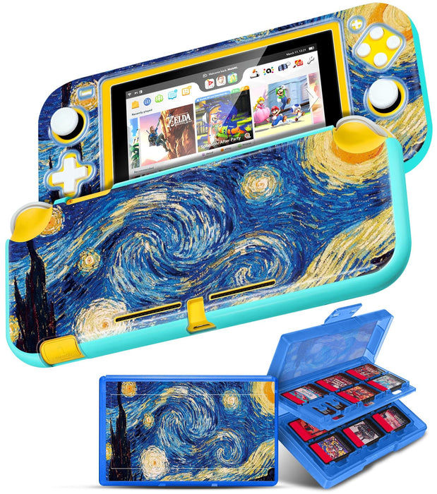 Gurgitat 2in1 for Switch Lite Case Protector Switch Lite Game Cases Cartridge Storage Starry Night Van Gogh Art Girls Boys 24 Game Card Holder Organizer+Skin Dockable Cover for Nintendo Switch Lite