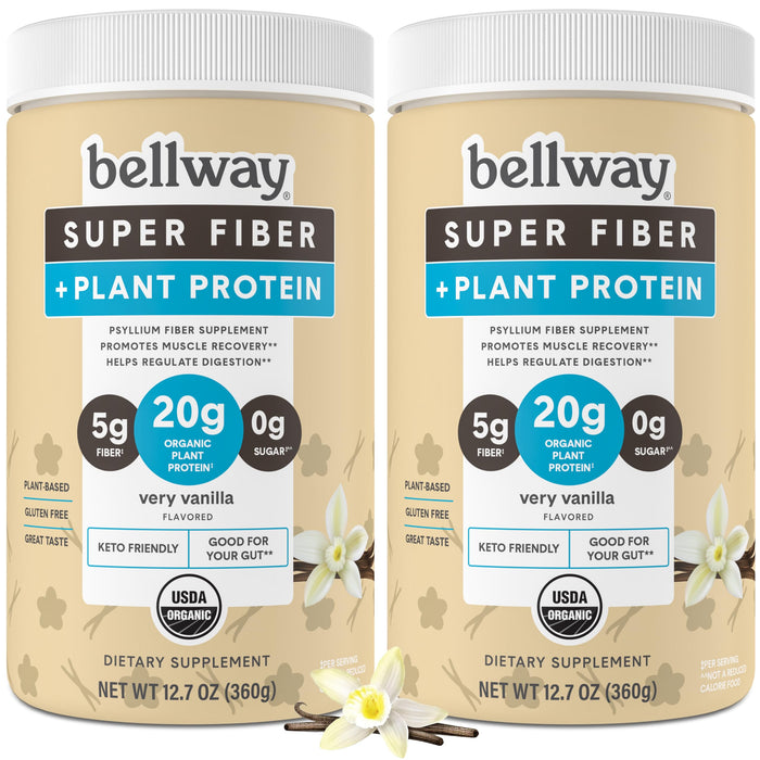 Bellway Super Fiber + Protein Powder (2 Pack), Sugar-Free Organic Psyllium Husk Fiber Supplement Powder with 20g Plant Protein Per Serving, Very Vanilla, 24.14 oz