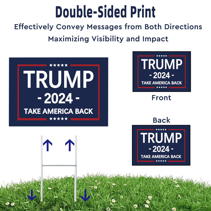 Trump 2024 Yard Sign - Double Sided Trump Yard Signs with Metal H Stakes - 17" x 12" Take America Back Blue and Red Trump Signs for Yard, Waterproof Trump Sign Banner Merchandise 2024