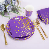 HOMIX Purple and Gold Party Supplies 175 Pieces Disposable Purple Paper Plates Napkins Cups, Gold Plastic Forks Knives Spoons for Mardi Gras, Birthday Decor, Cocktail Party