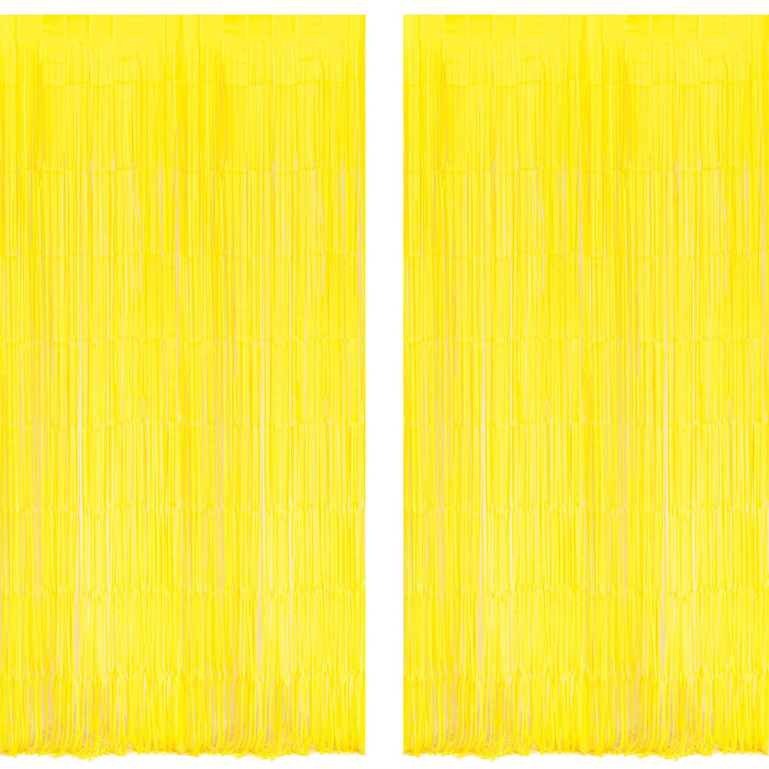 BRAVESHINE Foil Fringe Curtain Backdrop - 2 Pack Yellow Tinsel Photo Booth Backdrop Party Streamers for Birthdays, Christmas, Lemon, Smiley Kids' Party Decorations