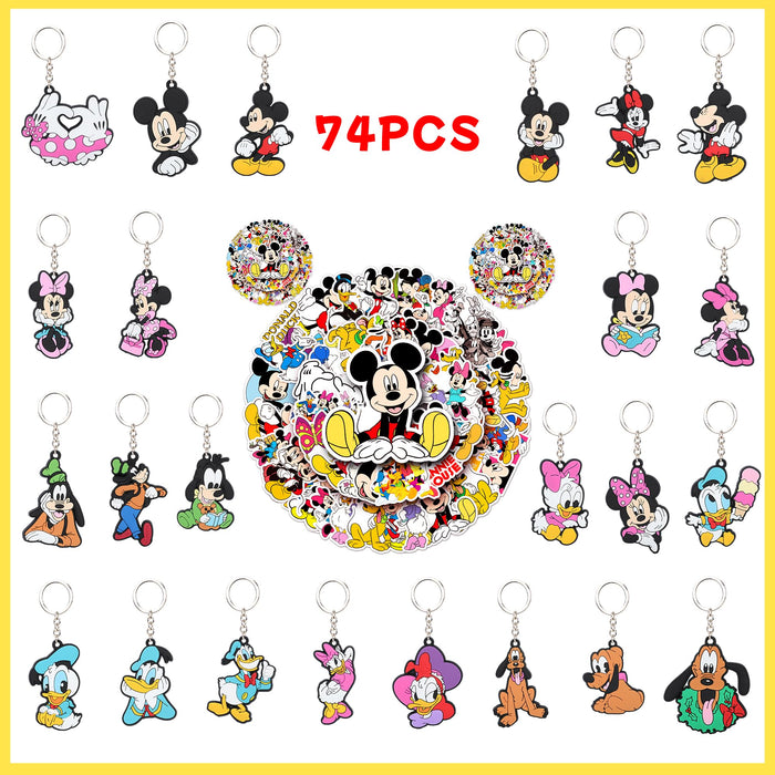 24PCS Cartoon Mouse Party Favors Keychains, Mouse Birthday Party Supplies with 50Pcs Stickers for Kids Christmas Favor Mouse Theme Party Gifts, 74PCS