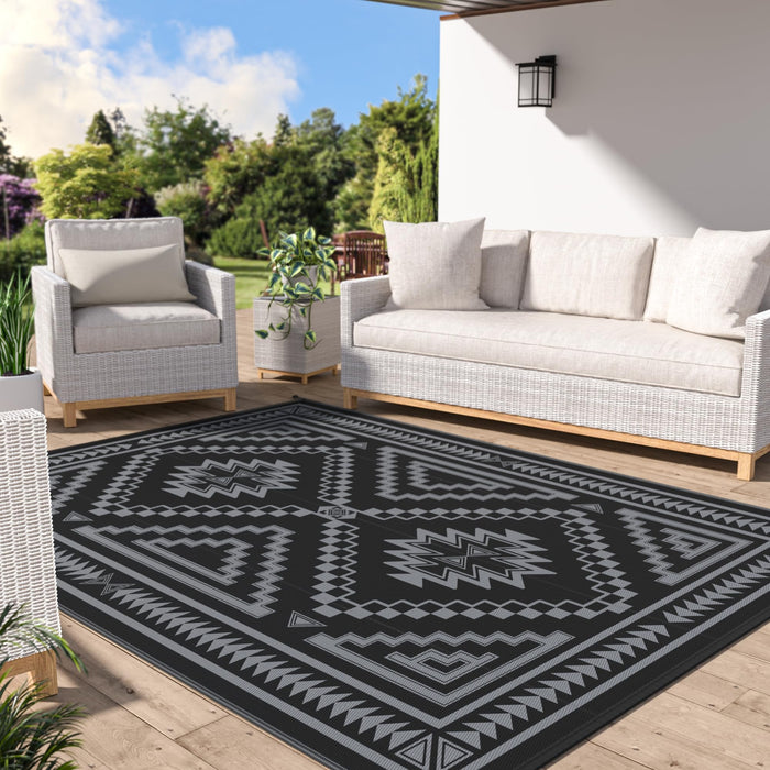 GENIMO Outdoor Rug for Patio Clearance - 6x9 ft Waterproof Plastic Camping Rugs, Reversible Outside Rv Mat Carpet for Porch, Deck, Picnic, Balcony, Beach, Backyard, Black Grey