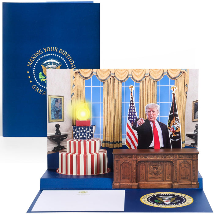 Laughalot Talking Trump Pop Up 3D Birthday card with Donald Trump Real Voice with Light & Sound Says Happy Birthday to Make Your Birthday Great – Donald Trump Interactive Card Gift for Men and Women