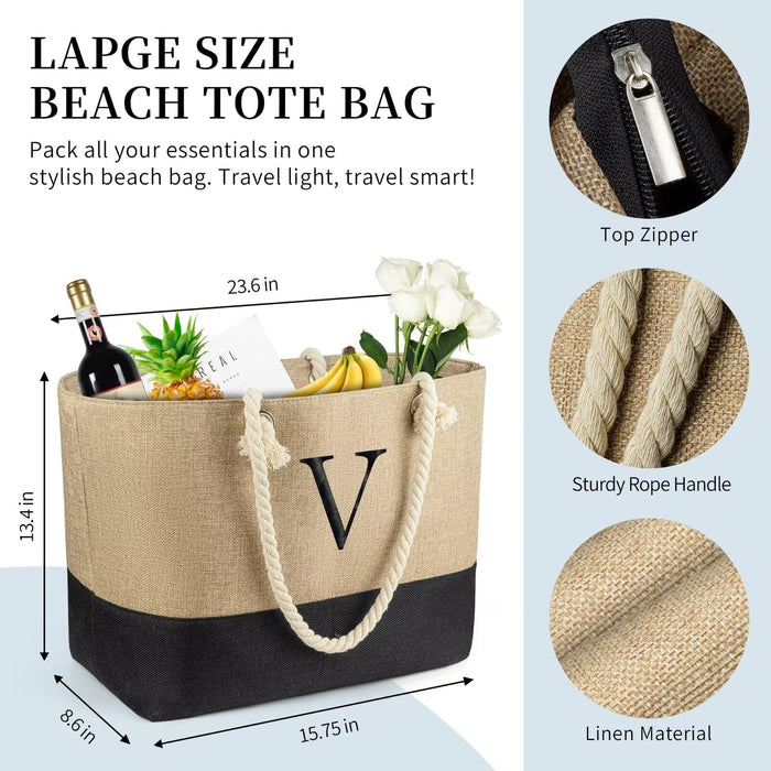 TOPEAST Large Beach Bag for Women - Initial Beach Tote Bag with Makeup Bag, Wedding Gift Bags for Hotel Guests, Retirement Gifts for Elderly Women Grandma Teacher Nurse Letter U