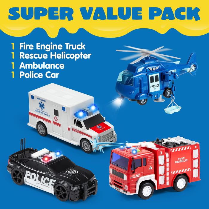 JOYIN 4 Packs Emergency Vehicle Toy Playsets, Friction Powered Vehicles with Light and Sound, Including Fire Truck, Ambulance Toy, Play Police Car and Toy Helicopter, Christmas Toddler Kids Boys Gifts