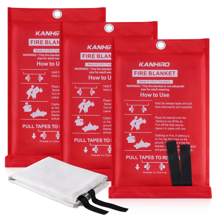 Emergency Fire Blanket for Home Kitchen - KANHIRO Fiberglass Fire Suppression Blanket Great for School, Fireplace, Grill, Car, Office, Warehouse (3 Pack, 39 in X 39 in)