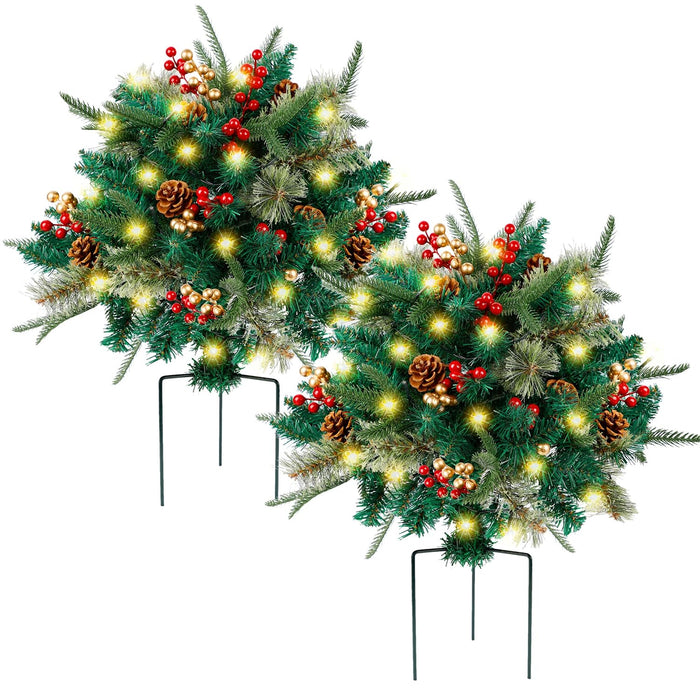 Glintoper Lighted Artificial Christmas Urn Filler, Pre-lit Xmas Pine Trees with Cones, Golden & Red Berries, Tripod Stake and 60 LED Lights, Outdoor Light Up Planter Filler Holiday Home Decor, 2 Pack