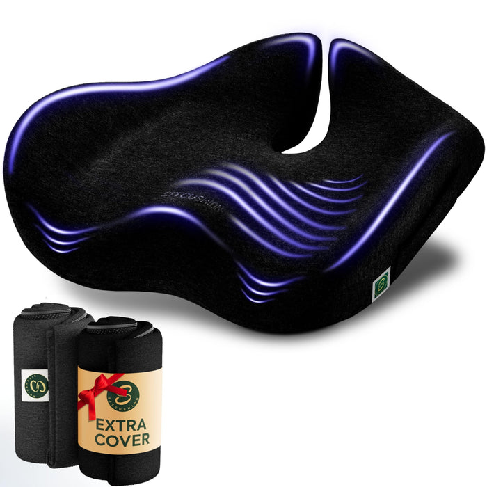 Pressure Relief Seat Cushion for Tailbone Pain – X Large Office Chair Cushion for Butt, Back Pain, Coccyx & Sciatica Pain Relief Pillow. Memory Foam Seat Cushions for Office Chairs. Extra Cover(Black)