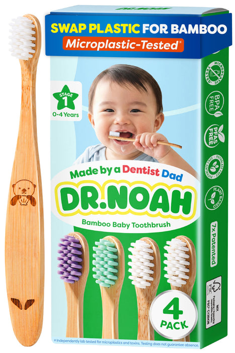 Dr. Noah Microplastic-Free Bamboo Baby Toothbrush, Dentist Designed, 4 Pack