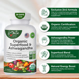 Organic Superfood Greens Fruits and Veggies Complex with Ashwagandha - 2 in 1 Supplement with 14 Greens and 14 Fruits & Vegetables with Organic Ashwagandha Rich in Antioxidants - Non-GMO 90 Tablets