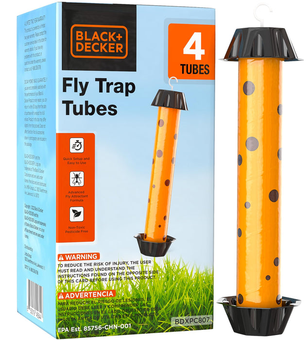 BLACK+DECKER Fly Trap Tubes for Indoors & Fly Traps Outdoor- Hanging Fly Sticky Trap Sticks for Catching Gnats, Mosquitoes House Flies, Horse Flies & Other Insects- 4 Pack, Pre-Baited