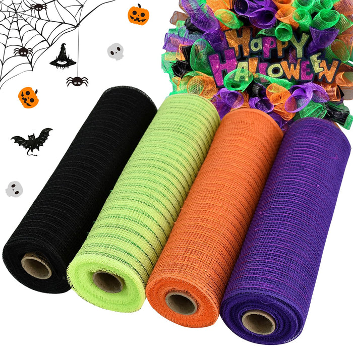TONIFUL 4 Rolls 10 Inch Black/Orange/Purple/Green Decorative Mesh Ribbbon Rolls, for Wreath Supplies Front Door Wreath Craft Tree Decor Christmas NewYears Halloween Decoration (30ft/roll, 120ft/Set)