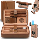 TISFA Cigar Humidor, Leather Cedar Wood Cigar Case with Cigar Lighter, V Cut Cigar Cutter, Cigar Holder 3 in 1, Portable Travel Cigar Humidor Box with Humidifier (Brown)