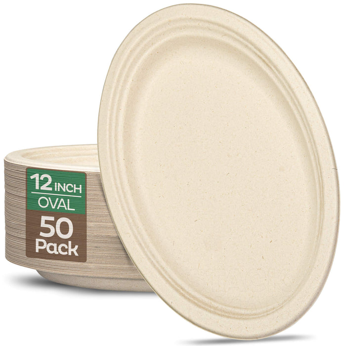 100% Compostable Oval Paper Plates [50-Pack] - {PFAS-Free} - {BPI Certified} - [12 Inch] Heavy Duty, Eco-Friendly, Biodegradable Bagasse Platters - Natural Brown 12" Oval Platter Plates by Stack Man