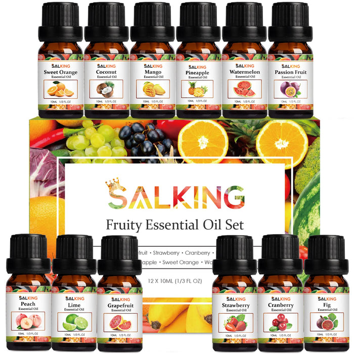 SALKING Fruity Essential Oils Set, 12 x 10ML Diffuser Fragrance Oils Essential Oil Gift Set for Candle & Soap Making - Cranberry, Mango, Lime, Sweet Orange, Peach, Grapefruit, Pineapple,Strawberry