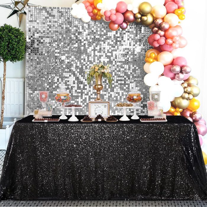 QueenDream Seamless Sequin Tablecloth 90x132 Inch Black Rectangular Tablecloth for Christmas Wedding Birthday Halloween