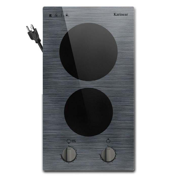Karinear 2 Burners Electric Cooktop, 110v Electric Stove Top Knob Control, Built-in Countertop Ceramic Cooktop with Beautiful Woodgrain Pattern Glass Surface, 110v Outlet Plug