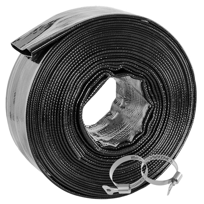 Poolvio Backwash Hose 2" x 50 ft, Heavy-Duty Lay-Flat Reinforced PVC Discharge Hose with 2 Stainless Steel Thumb Screw Clamps, Leak-Resistant for Inground & Above-Ground Pool Filters