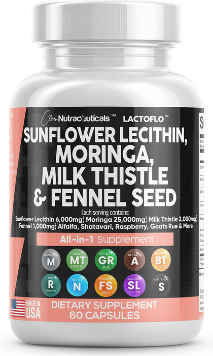 Clean Nutraceuticals Sunflower Lecithin 6000mg Lactation Supplement with Moringa 25000mg Milk Thistle 2000mg Fennel Seed 2000mg Plus Goats Rue, Shatavari, Alfalfa, & Nettle For Breastfeeding USA 60 Ct