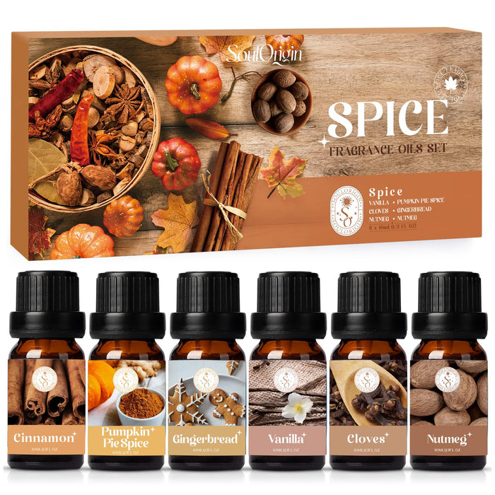 SoulOrigin Autumn Spice Essential Oils Set, Fragrance Oil Gift Set for Oil Diffusers, Scented Oils for Soap Candle Making 6x10ml - Cinnamon, Nutmeg, Vanilla, Gingerbread, Pumpkin Pie Spice, and Cloves